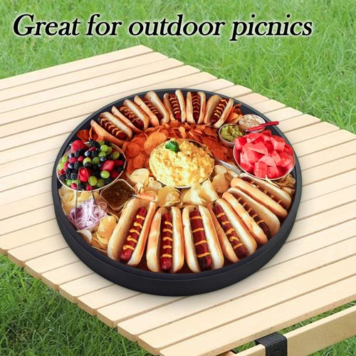 Large Round Black Tray, 20" Extra Large Black Ottoman Tray, Wood Serving Trays, Decorative Trays with Handles for Home Kitchen