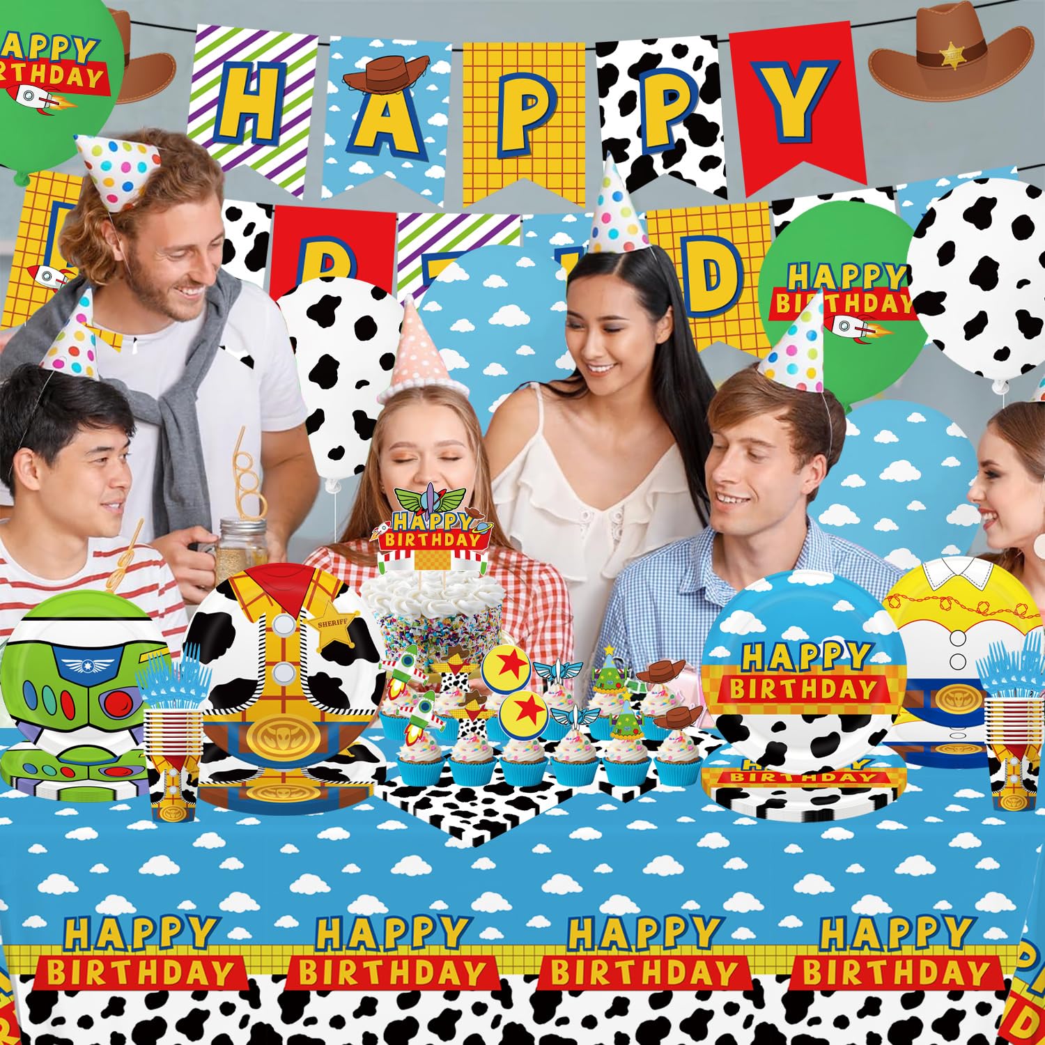 130pcs Story Birthday Party Decorations Tableware Set for 20 Guests Include Banner, Cupcake Topper, Cake Topper,Paper Plates,Napkins and Cups,Plastic Tablecloth and Forks,Latex Balloons