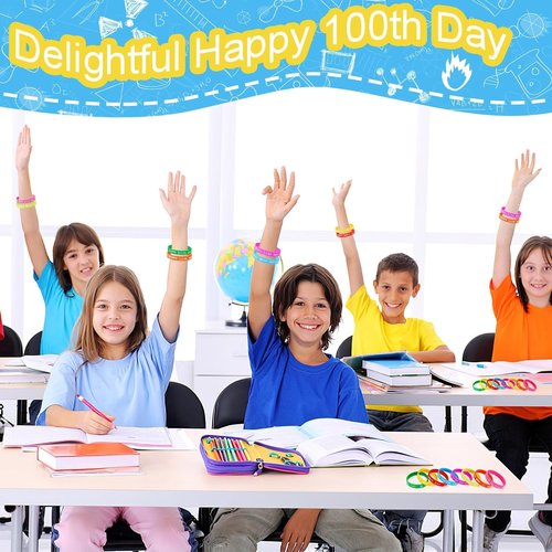 JUNEBRUSHS 64pcs 100th Day of School Party Favors Silicone Bracelets Rubber Wristbands for 100 Days of School Party Decorations Students Preschool Party Favors Supplies