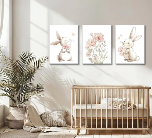 Grengel Pink Bunny Canvas Wall Art - Cute Rabbit with Wildflowers | Botanical Decor for Nursery