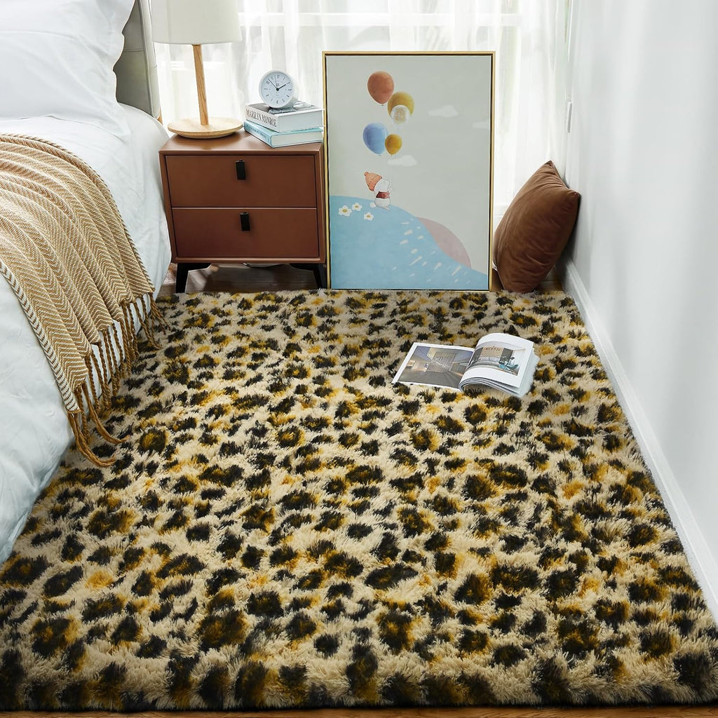 Ophanie Leopard Print Rug - Fluffy Shaggy Soft Throw for Bedroom & Living Room | Large 4x6 Size