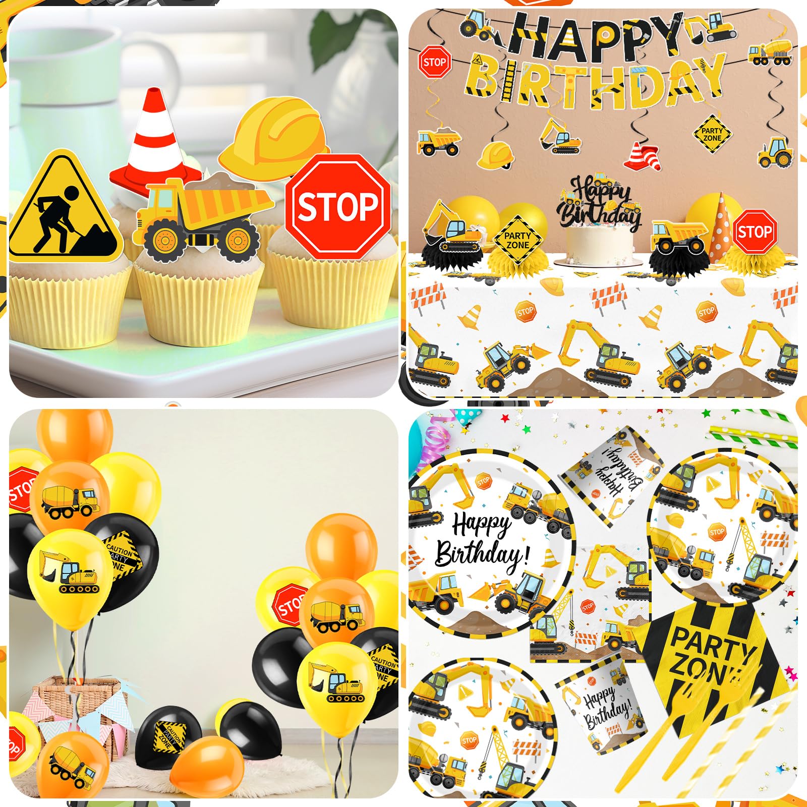Construction Birthday Decorations,245PCS Construction Birthday Party Supplies-Includes Plates Napkins Cups Banner Balloons Tablecloth and Cake Toppers for Kids TruckTheme Celebration Tableware