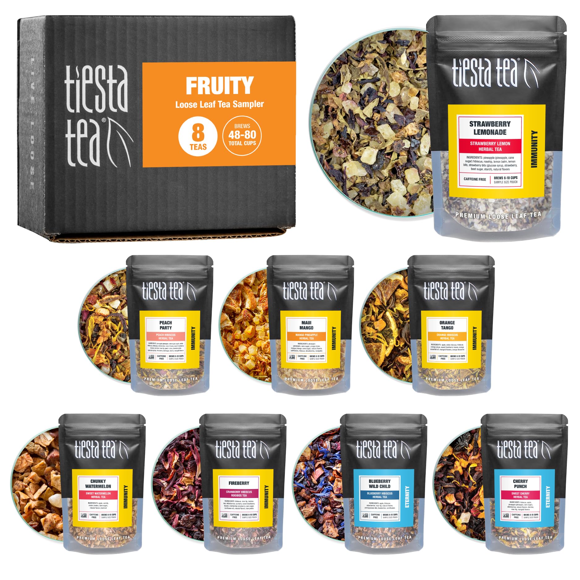Tiesta Tea - Fruity Tea Sampler Dry Flight Set, Loose Leaf, No Caffeine, Makes Hot and Iced, Assorted Fruit Brews with Mango, Peach, Orange Drinks & More, 8 Resealable Sample Pouches