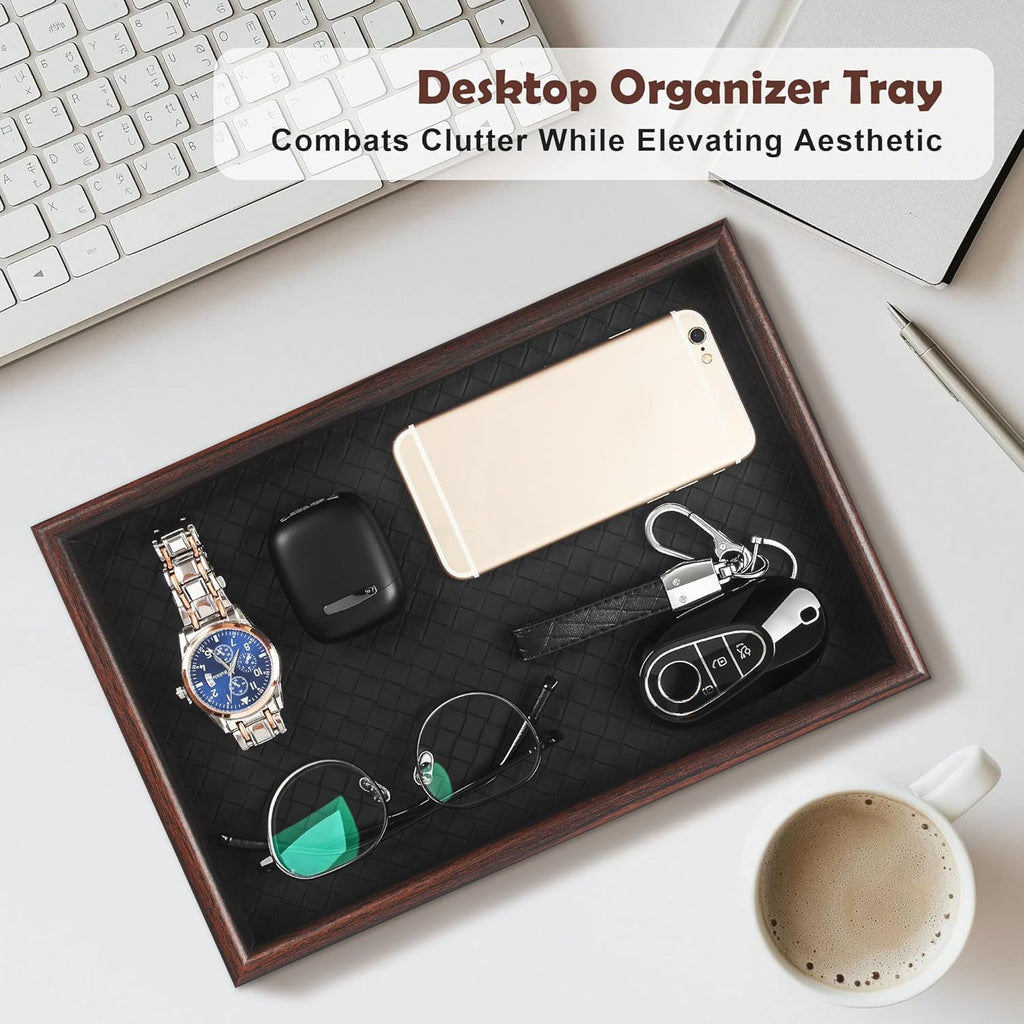Zosenley Wooden Valet Tray - Stylish Leather Base Nightstand Organizer for Keys, Wallet, Phone & Jewelry (Black)