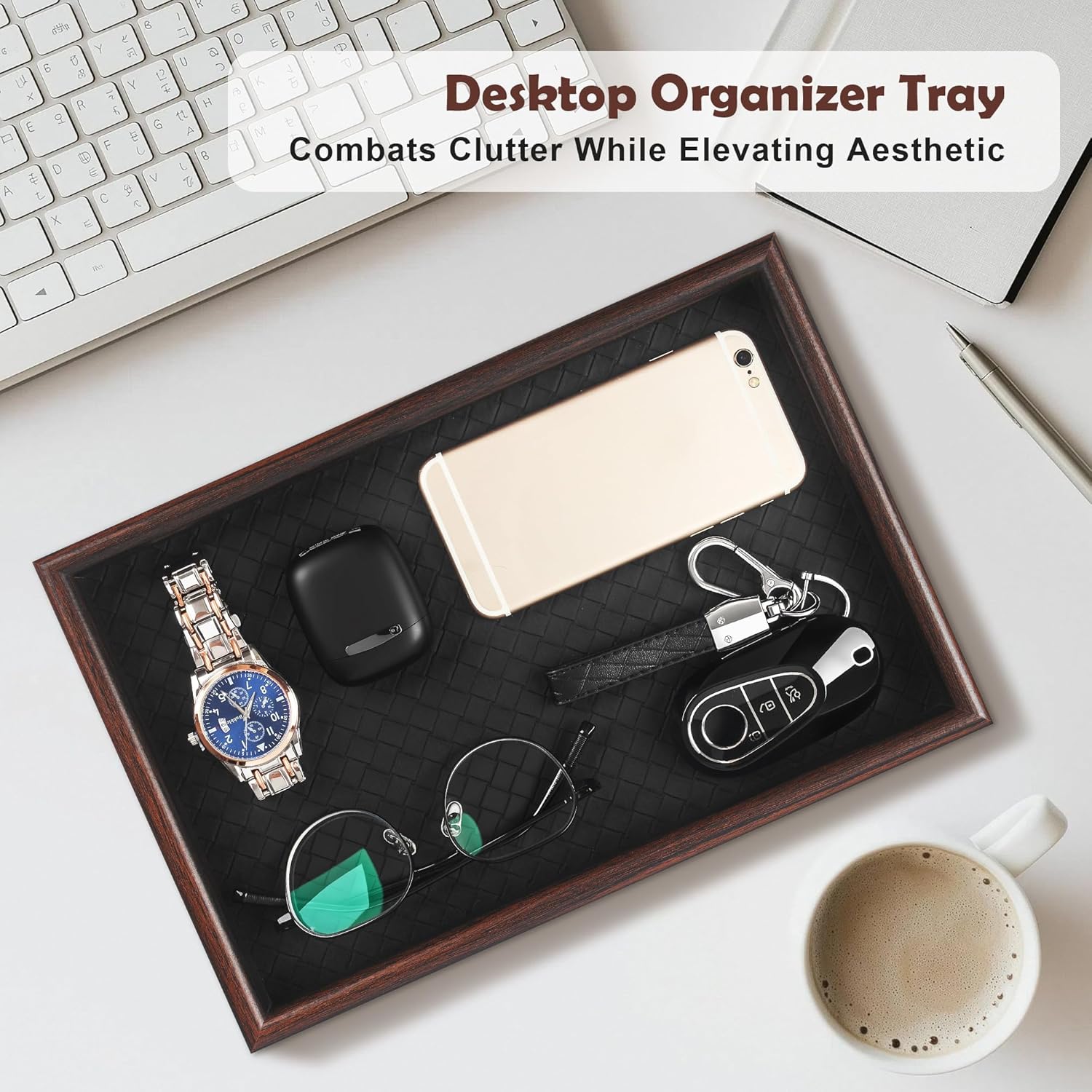 Zosenley Wooden Valet Tray - Stylish Leather Base Nightstand Organizer for Keys, Wallet, Phone & Jewelry (Black)