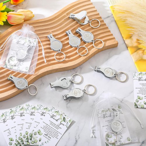 Fulmoon Wedding Multi Function Bottle Opener Nail Clipper Wedding Favors Brewery Cards White Organza Bags for Party Supplies Gift Souvenir Guests Men Women (150 Sets)