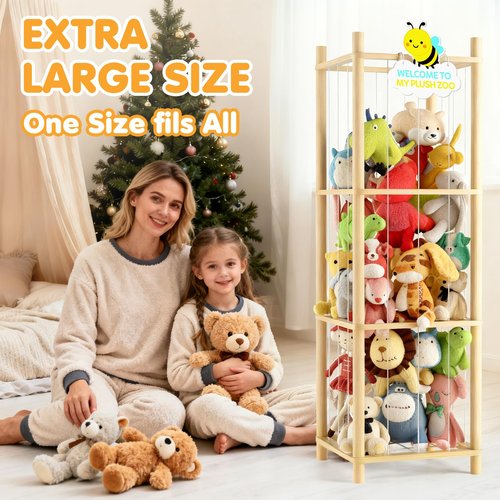 Hsenowi Stuffed Animal Storage Zoo Organizer Natural Pine Plushies Storage with Elastic Bands Vertical Wood Toy Holder Mesh Net Space Saving Design for Playroom Nursery Kids Bedroom