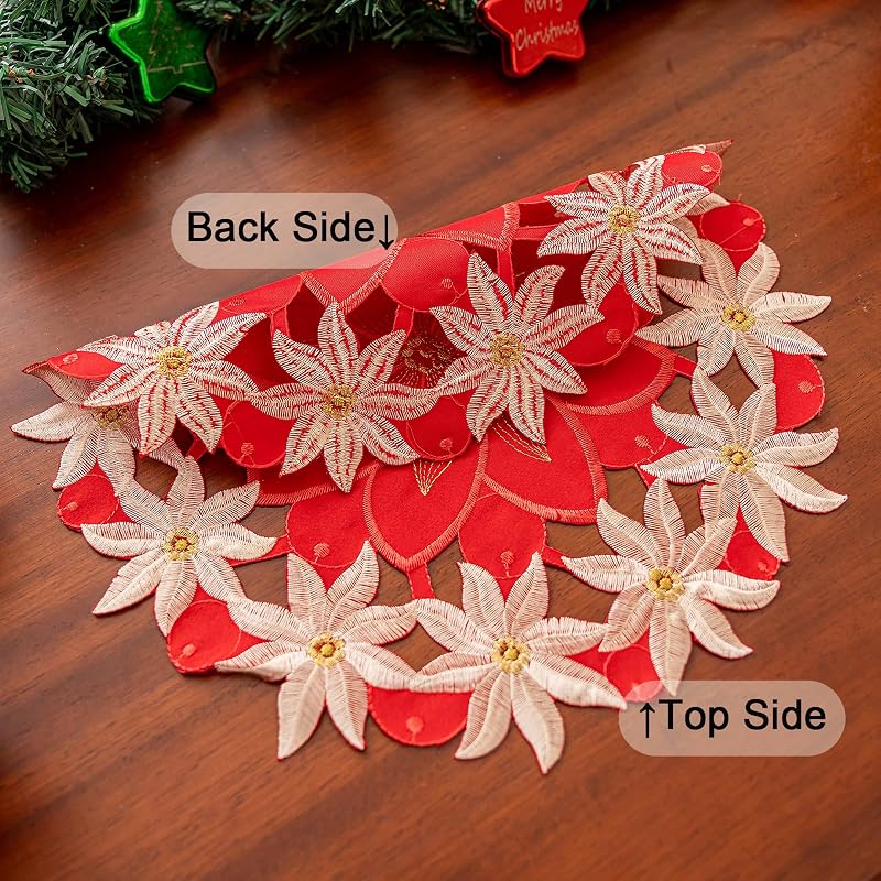 Red Christmas Placemats Set of 4 with Poinsettia Embroidery - 14inch Round, Gold Trim