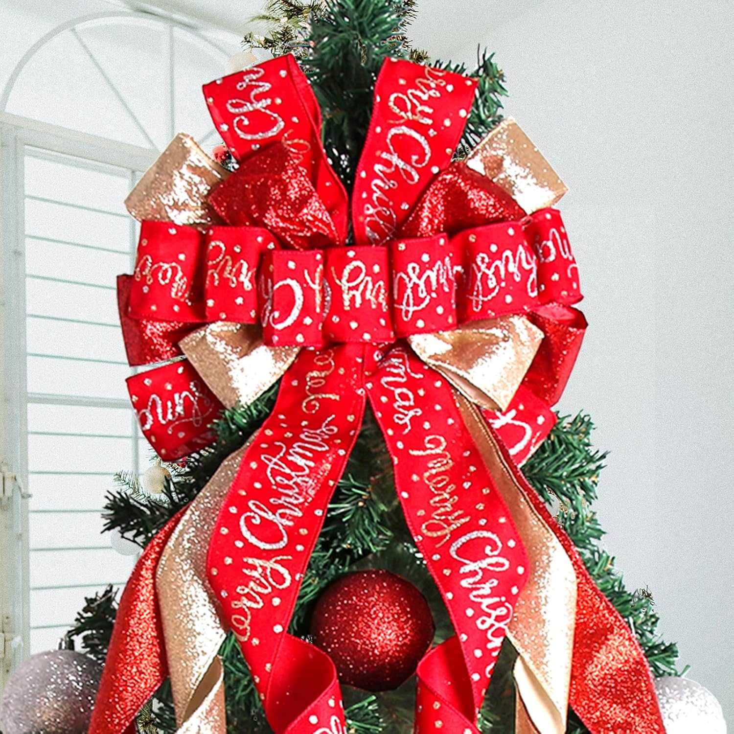 Regine Switzerland Christmas Tree Topper - Large 45"x12" Rustic Red Bow with Letter Pattern for Holiday Decor
