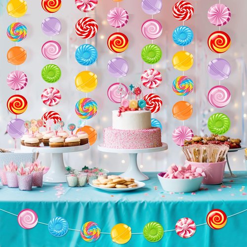 QIUGMYN 8pcs Candy Garland Banner Multi-coloured Paper Cardboard Round Candy Land Theme Birthday Party Decorations