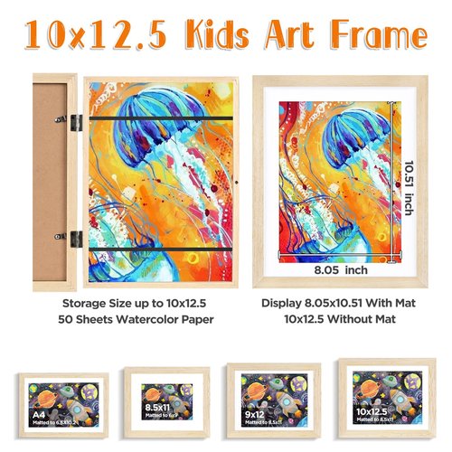 KINLINK 10x12.5 Kids Art Frame Set of 2, Solid Wood Kids Artwork Frames Changeable with Front Opening Hold 150 Pictures, Art Frames for Kids Art with Mat，without Mat 10x12.5 Picture Frame Natural