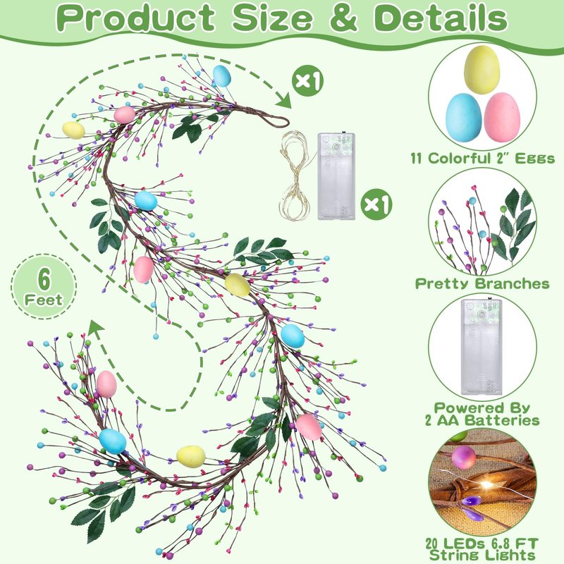 6 Ft 20 LED Easter Decorations Easter Garland with Lights Timer Colorful Eggs Mixed Berried Green Leafed Artificial Easters Egg Garland Spring Garlands for Home Mantle Fireplace Table Indoor Outdoor