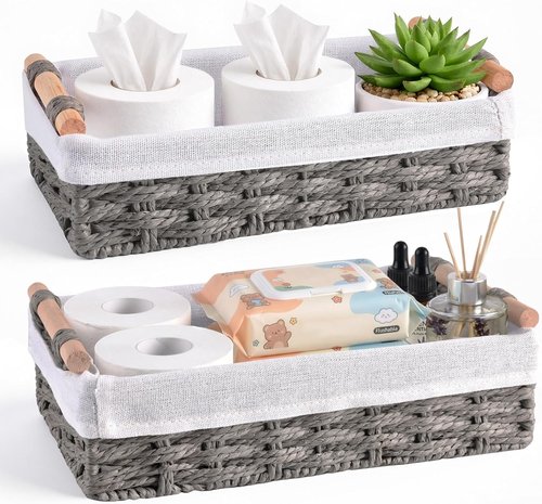 HomeHacks Storage Baskets - 2 Pack Decorative Paper Rope Bins with Handles for Organizing - Grey