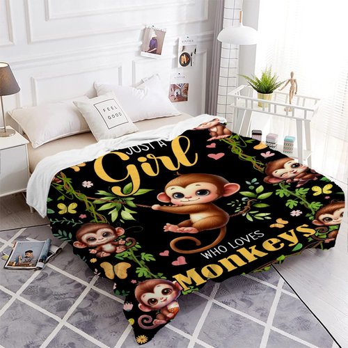 Just A Girl Who Loves Monkeys Blanket for Girls - Ultra Soft,Breathable,Comfortable Flannel Throw for Couch, Sofa,Bedroom - Cute Monkey Animal Pattern Home Decor -40"x50"-Kids/Throw Size