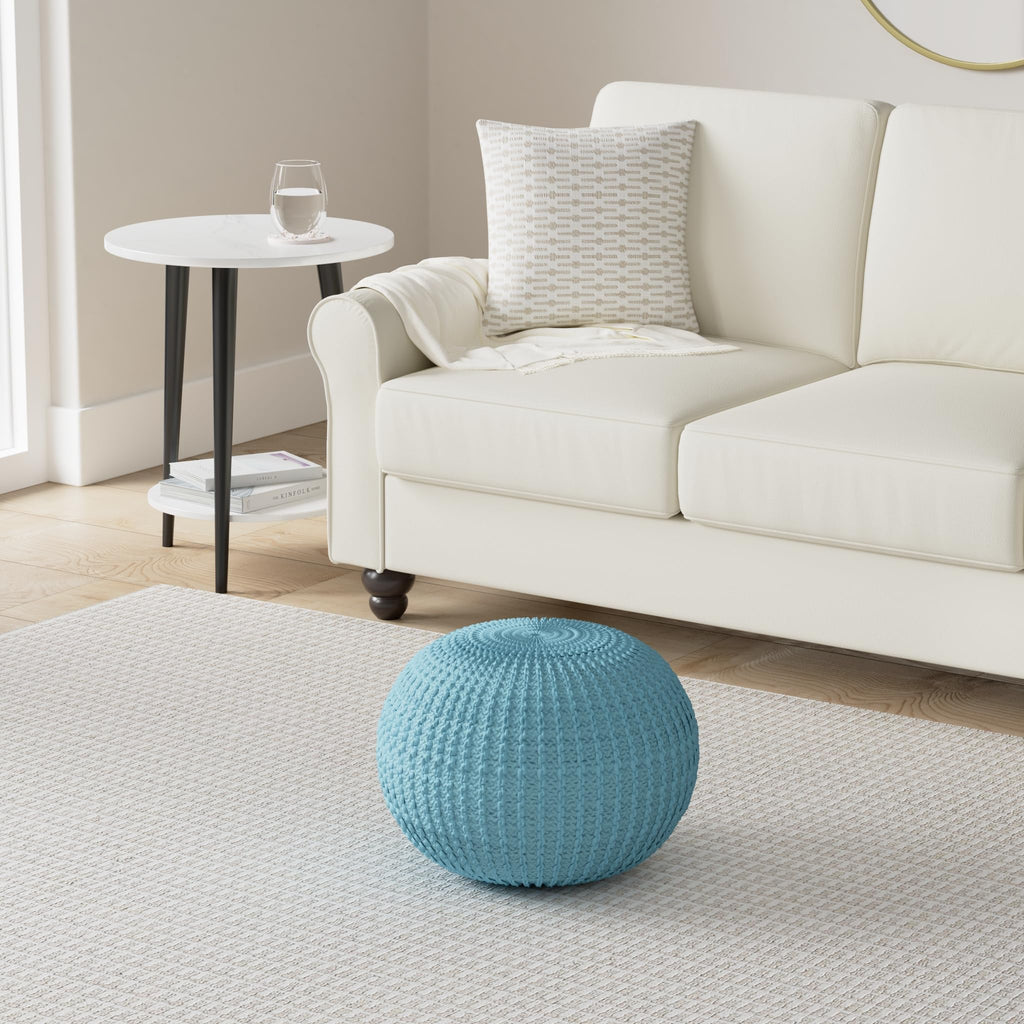 Nahunta Knitted Round Pouf - Cotton - Aqua