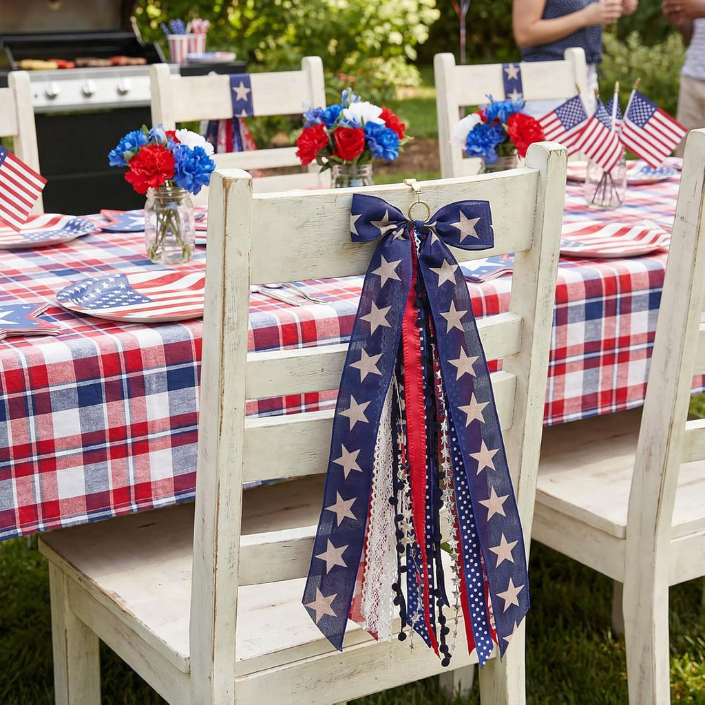 Patriotic Front Door Wreath by [Brand Name] - 8-Ribbon Americana Star Bow with Metal Clip | Red, White, and Blue Decor for Independence Day