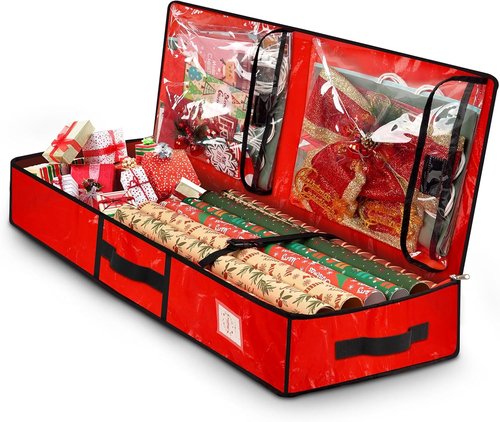 HikooLSS Wrapping Paper Organizer - Durable Underbed Storage for 24 Rolls | Red 43.2" with Pockets