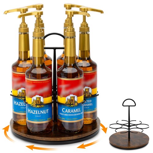 SUNNEKO Rotating Coffee Syrup Organizer Hold 6 Bottles, Wood Coffee Syrup Rack for Countertop, Large Bottle Holder Stand for Bar Station, Turntable Wine Display Tray (Black - 6 Bottles)