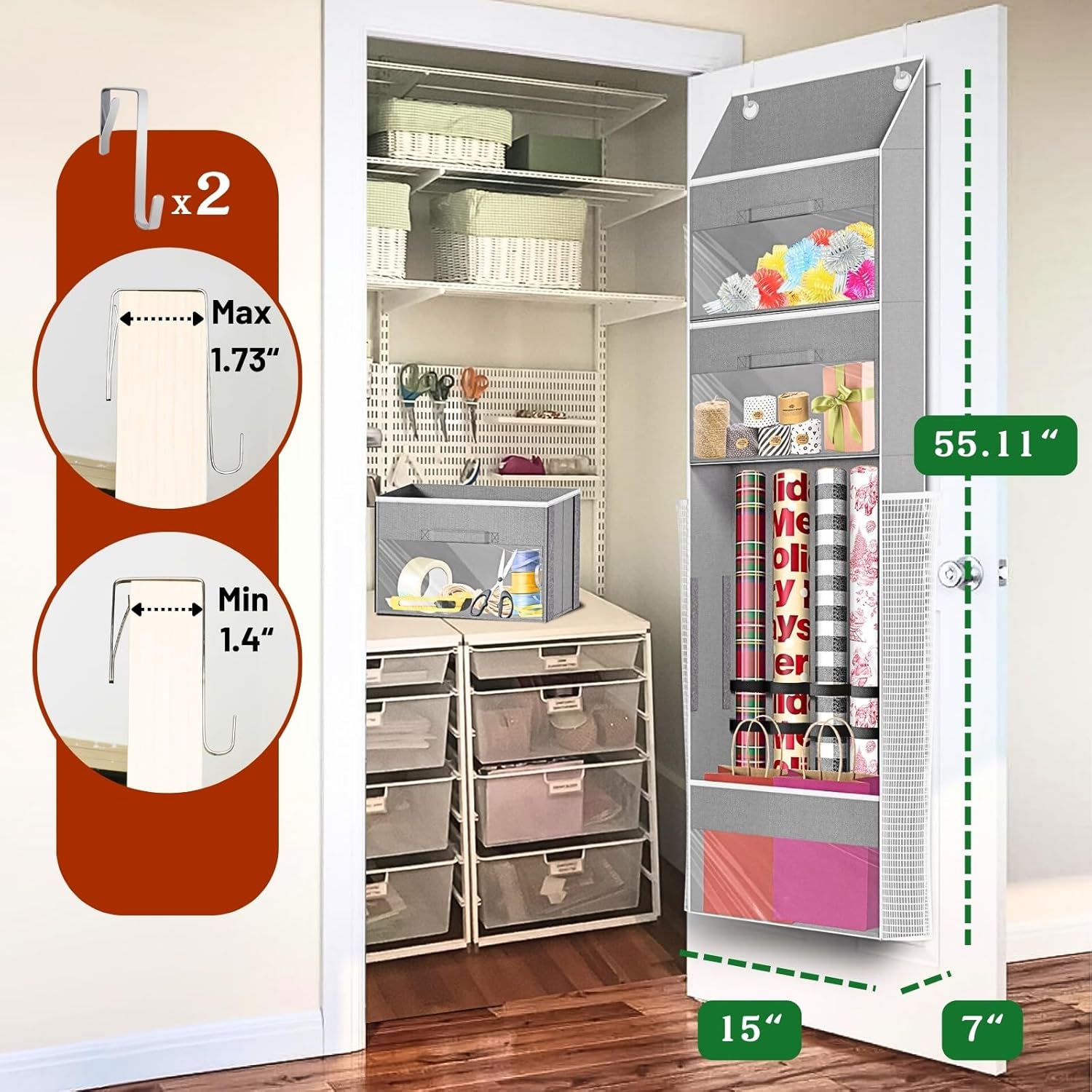 Skiennix Over Door Wrapping Paper Organizer - Light Grey Storage with 3 Removable Drawers & Side Pockets