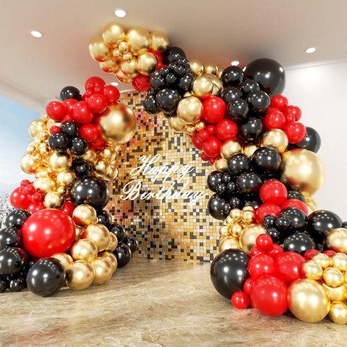 PTGOLUO 153Pcs Red and Black Gold Balloons Garland Arch Kit - 18 12 10 5 inch Different Size Black and Red Metallic Gold Balloons for Casino Anniversary Night Hollywood Movie Night Party Decorations