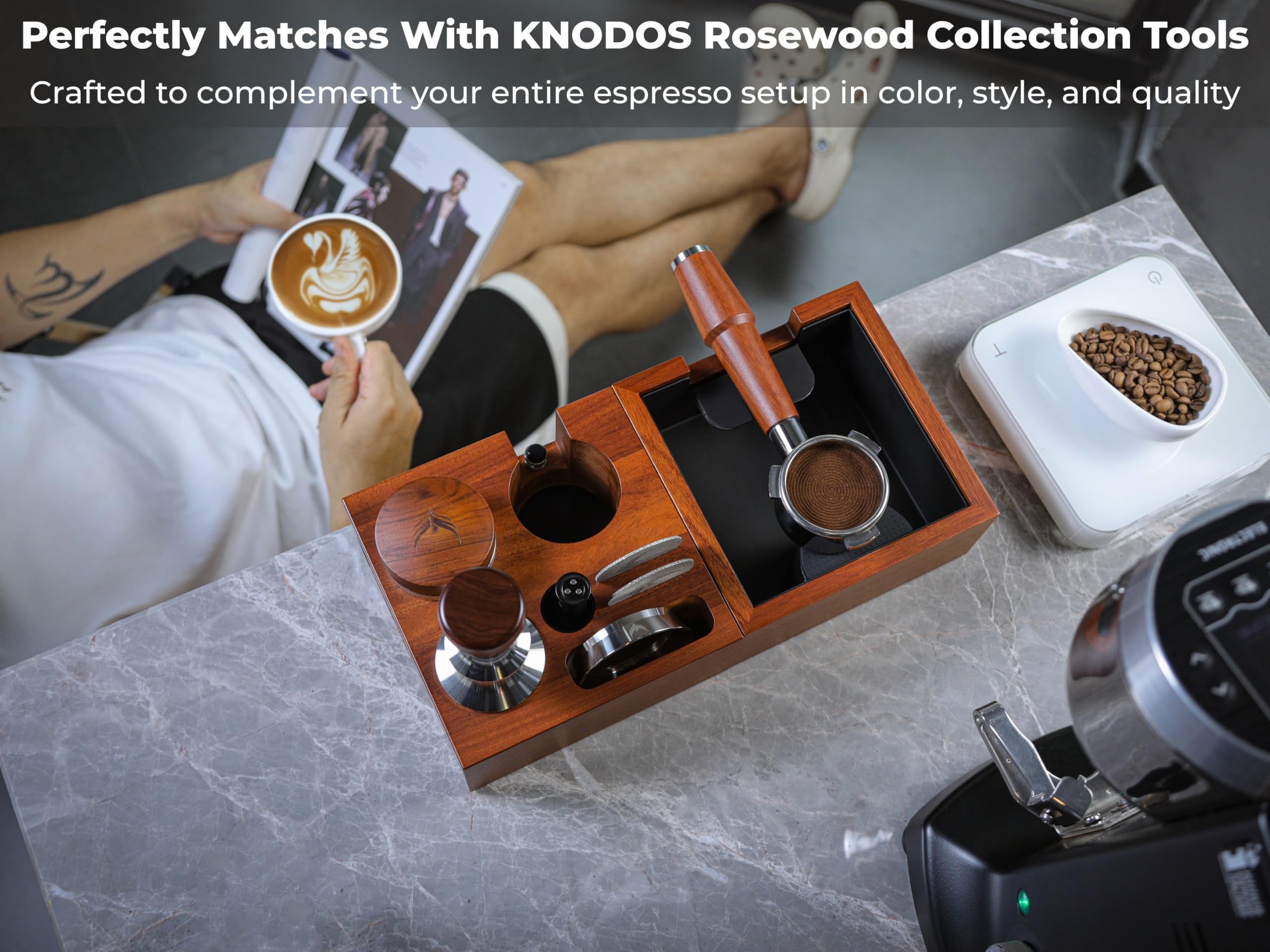 KNODOS Rosewood Espresso Knock Box Portafilter Tamping Stand with Shock-Absorbing Bar & Non-Slip Design | Premium Dump Bin for Home Barista Stations