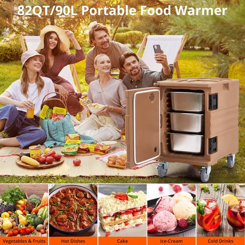 Portable Food Warmer 82Qt-Hot Box, Lldpe Food Box Carrier Double, End Loader Wheels, Easy Transport, Good Insulation, Strong Sealing, Durable, Ideal for Family Gathering, Canteen, Restaurant, Brown