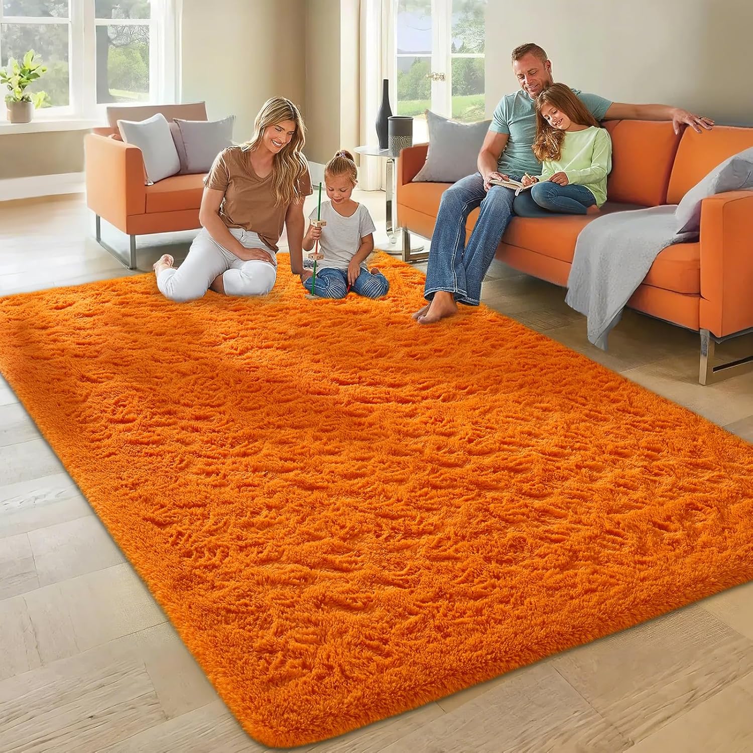 Ophanie Orange Area Rug - Plush 5x8 Fluffy Carpet for Living Room & Bedroom Decor | Soft Shaggy Design
