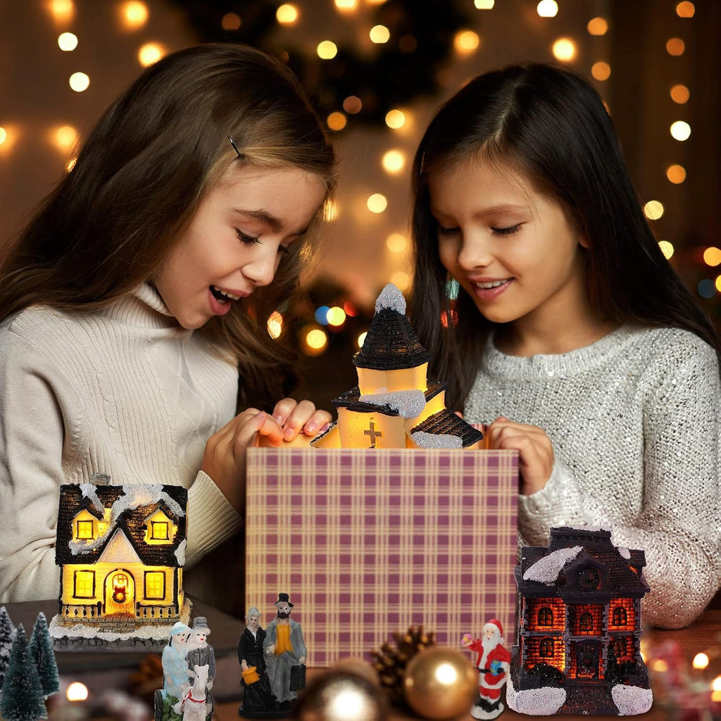 Queekay Christmas Village Set - 17 Pcs Lighted Resin Houses & Figurines | Winter Decorations for Indoor Use