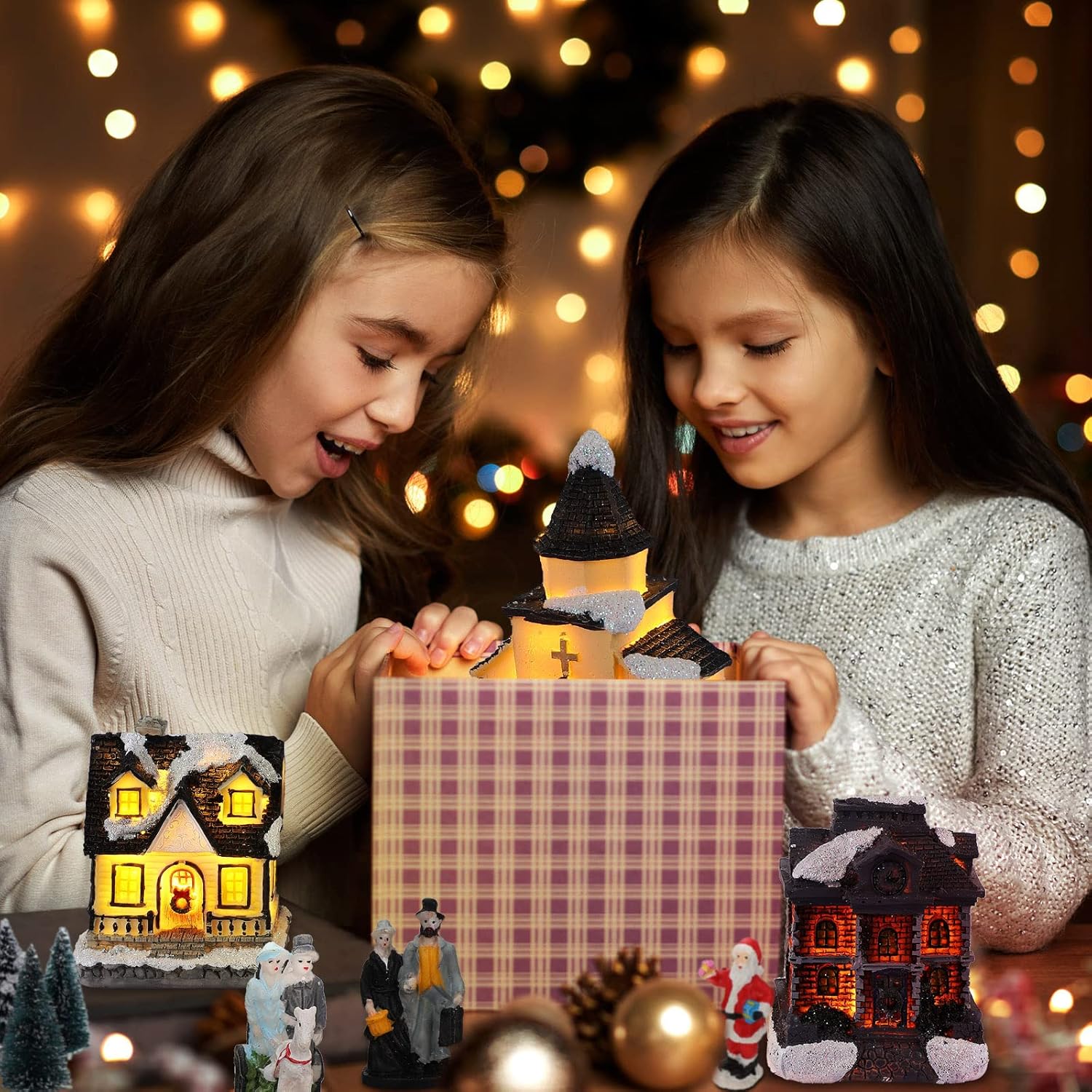 Queekay Christmas Village Set - 17 Pcs Lighted Resin Houses & Figurines | Winter Decorations for Indoor Use