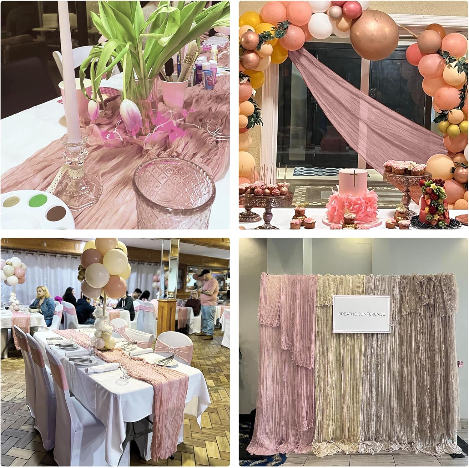 Skiennix Dusty Pink Cheesecloth Table Runner - 10FT Boho Vintage Gauze for Weddings & Events