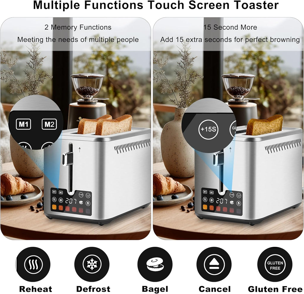 Skiennix Touch Screen Toaster - 2 Slice Stainless Steel with LCD Display & 6 Shade Settings | 900W
