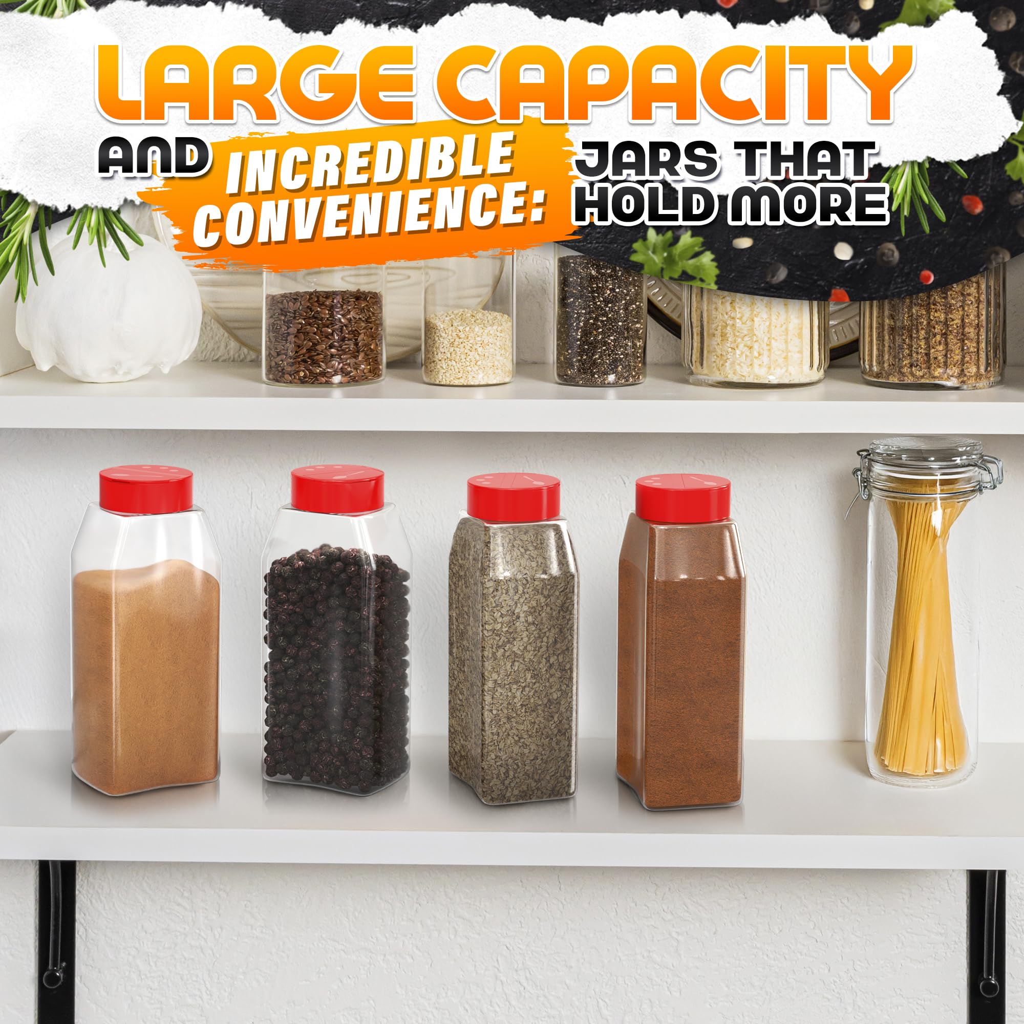 2 Pcs Large Seasoning Shaker – 32oz Storage Seasoning Containers – Large Spice Shakers with Holes and Lids Dual Shake, Clear Jars with Airtight Seal, Unique Shape for Loose Leaf Tea, Rubs, & Herbs