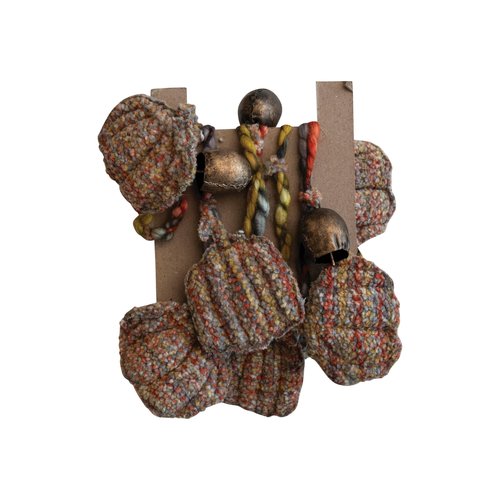 Creative Co-Op Decorative Hand-Woven Mélange Fabric Pumpkin and Metal Bell Garland, Multicolor and Antique Gold Finish