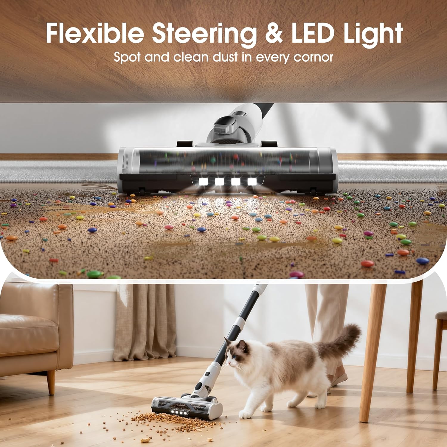 Skiennix Cordless Vacuum Cleaner - 600W Power, 70-Minute Runtime, LED Touch Screen - Lightweight, White