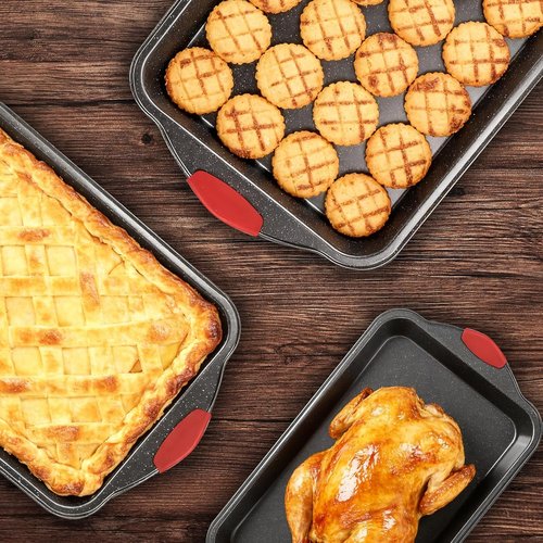 Anveena Nonstick Kitchen Oven Baking Pans - Premium Commercial Grade Bakeware with Red Silicone Handles | Easy to Clean Black, 3-Piece Set