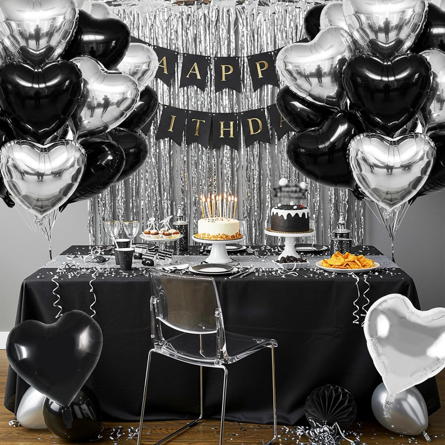 TONIFUL 30Pcs Black & Silver Heart Shape Foil Balloons - 18 Inch Party Decorations for Birthdays & Weddings