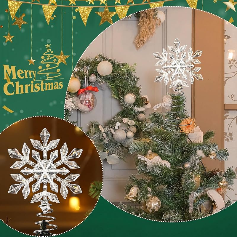 Mini Snowflake Tree Topper - White Shiny Crystal with Spring Base (Variation: White+Shiny)
