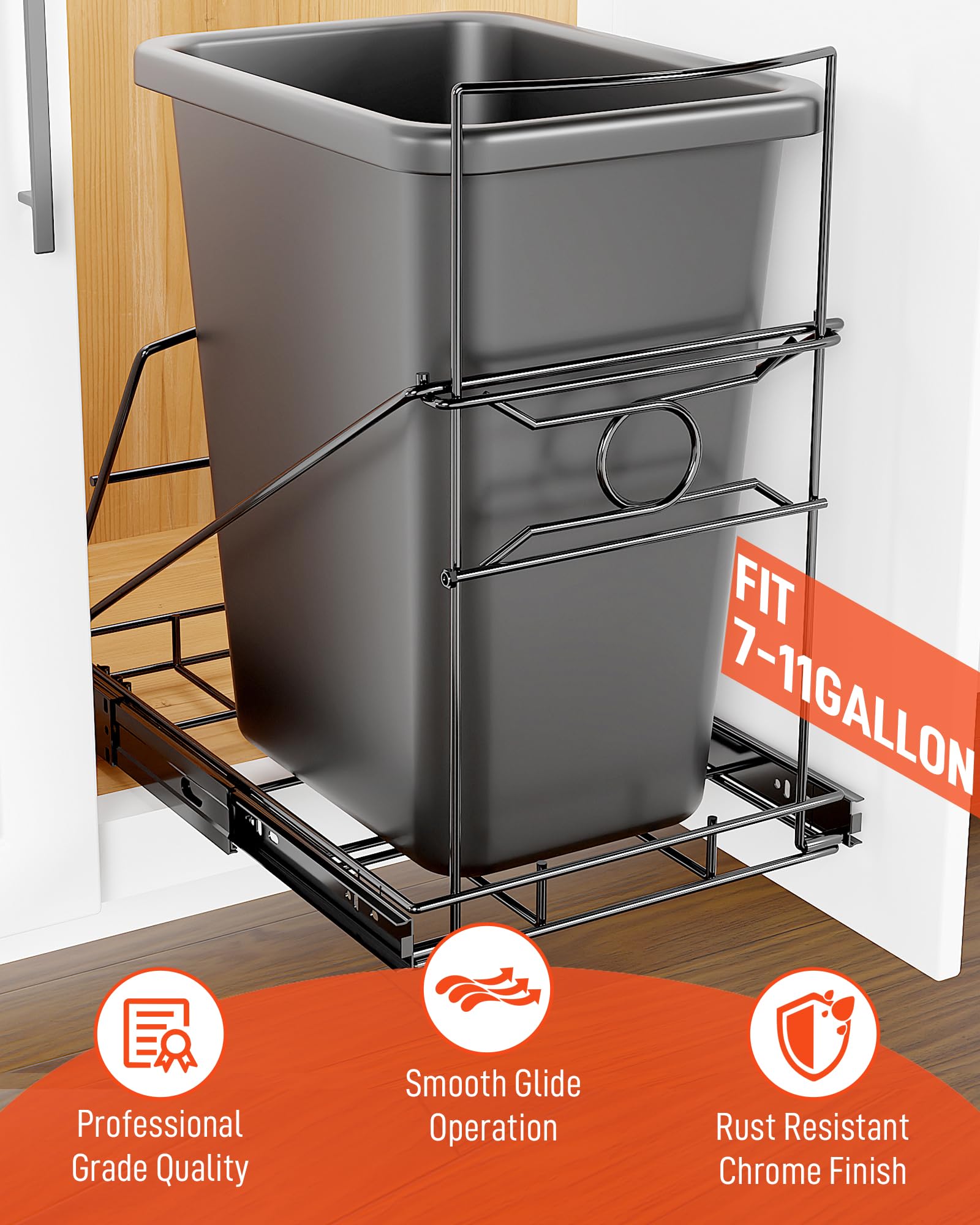 pbugac Pull Out Trash Can Holder, Adjustable Heavy Duty Cabinet Slide Out Kit for 7-11 Gallon Trash Cans, Under Sink Trash Can Rack with Smooth Ball Bearing Slides, Black, Trash Can Not Included