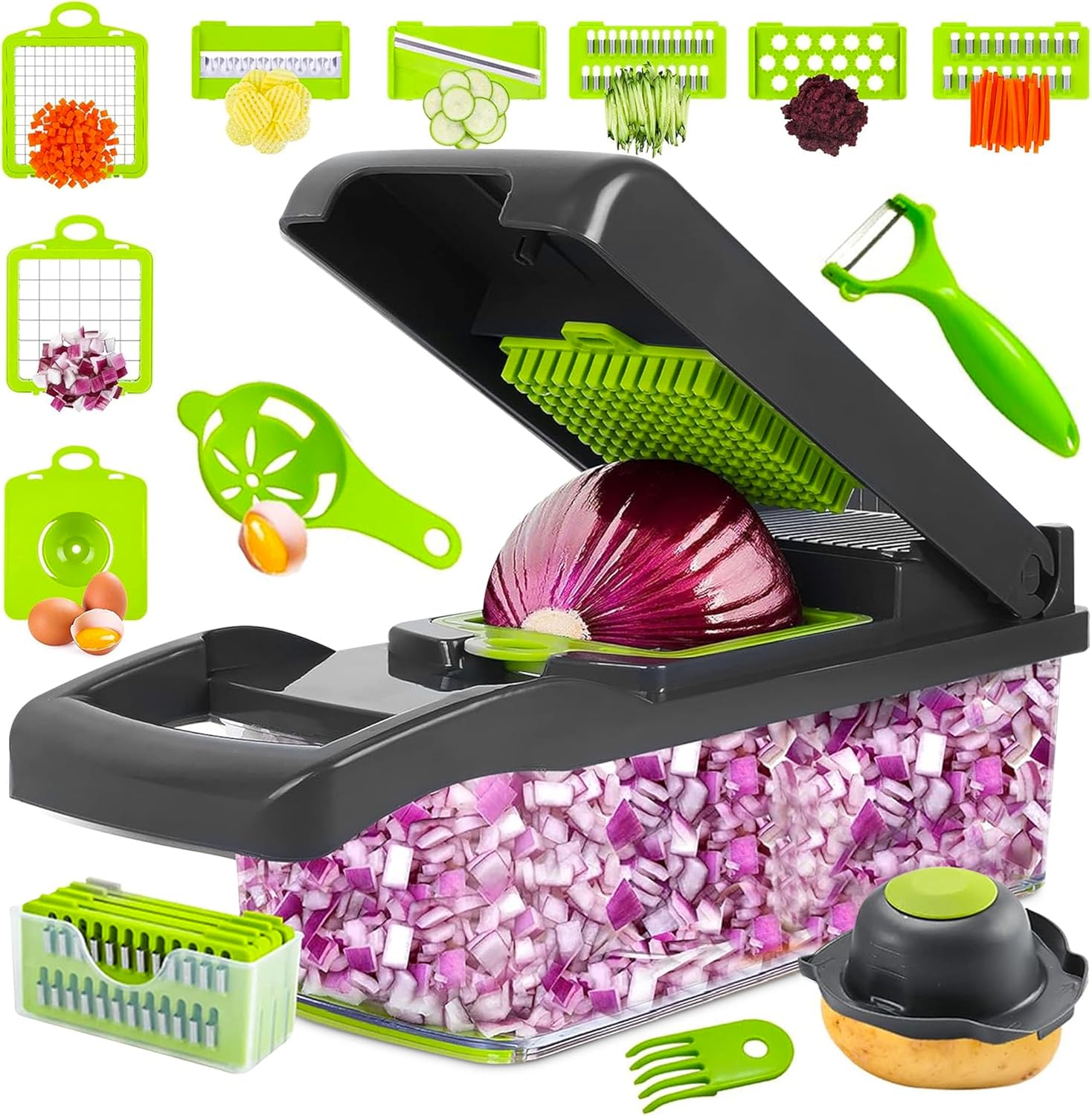 Skiennix 16-in-1 Vegetable Chopper - Easy Meal Prep Tool with 8 Stainless Steel Blades | Green
