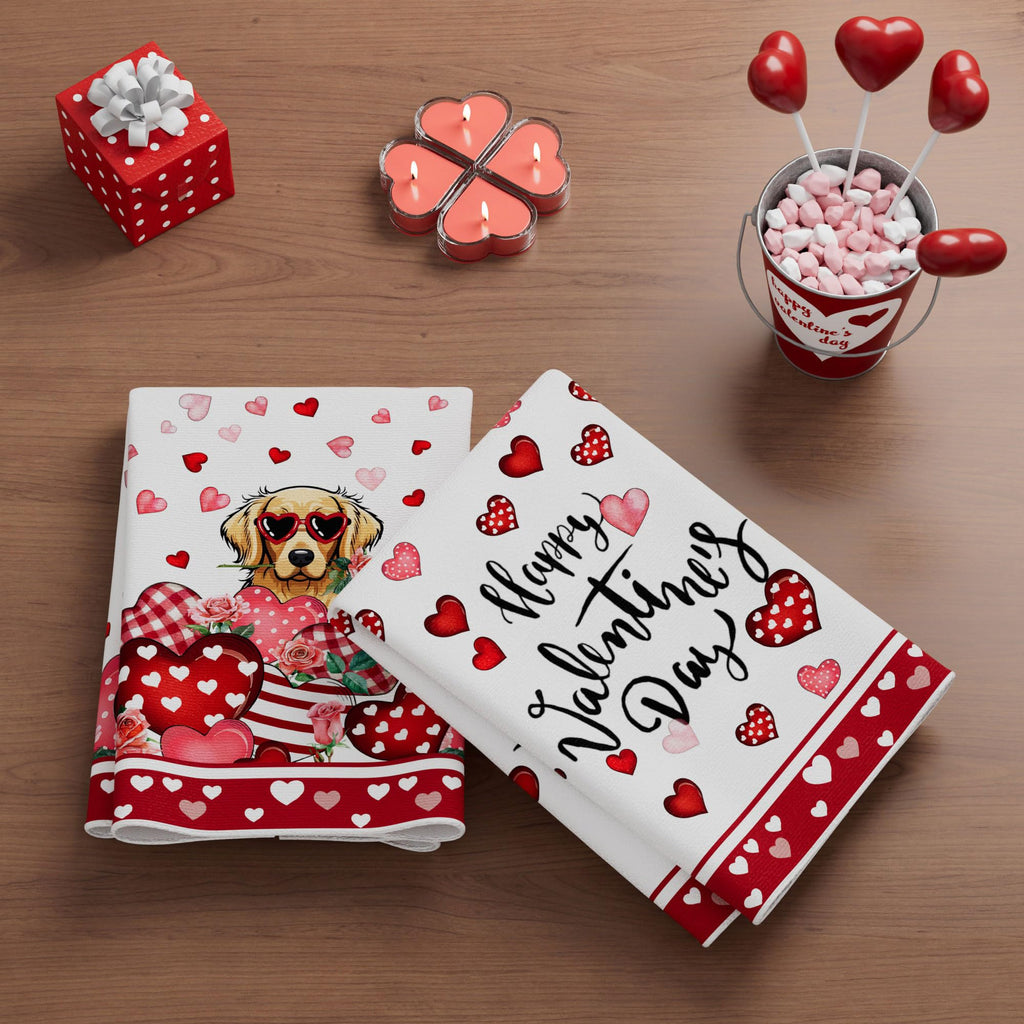 XCHI Happy Valentine's Day Love Hearts Dog Kitchen Towels Dish Towels 18x26 Inch Home Kitchen Decorations Hand Towels Set of 2 Drying Dishcloth