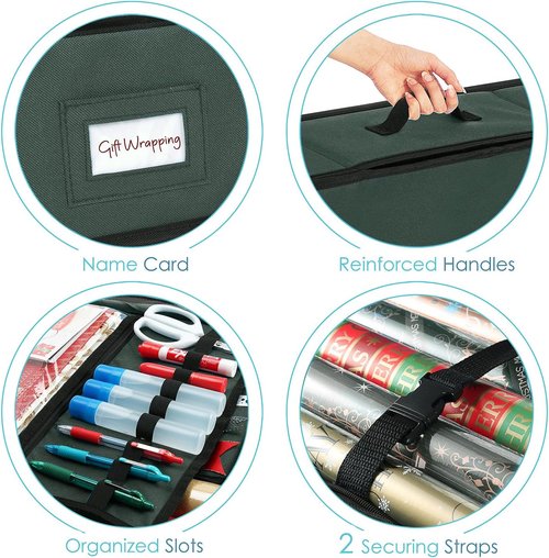 Hearth & Harbor Wrapping Paper Storage Container with Ribbon Storage Organizer - Christmas Storage Bag with Extra Interior Pockets - Gift Wrapping Organizer Storage Fits Up to 26 Rolls of 40" Length
