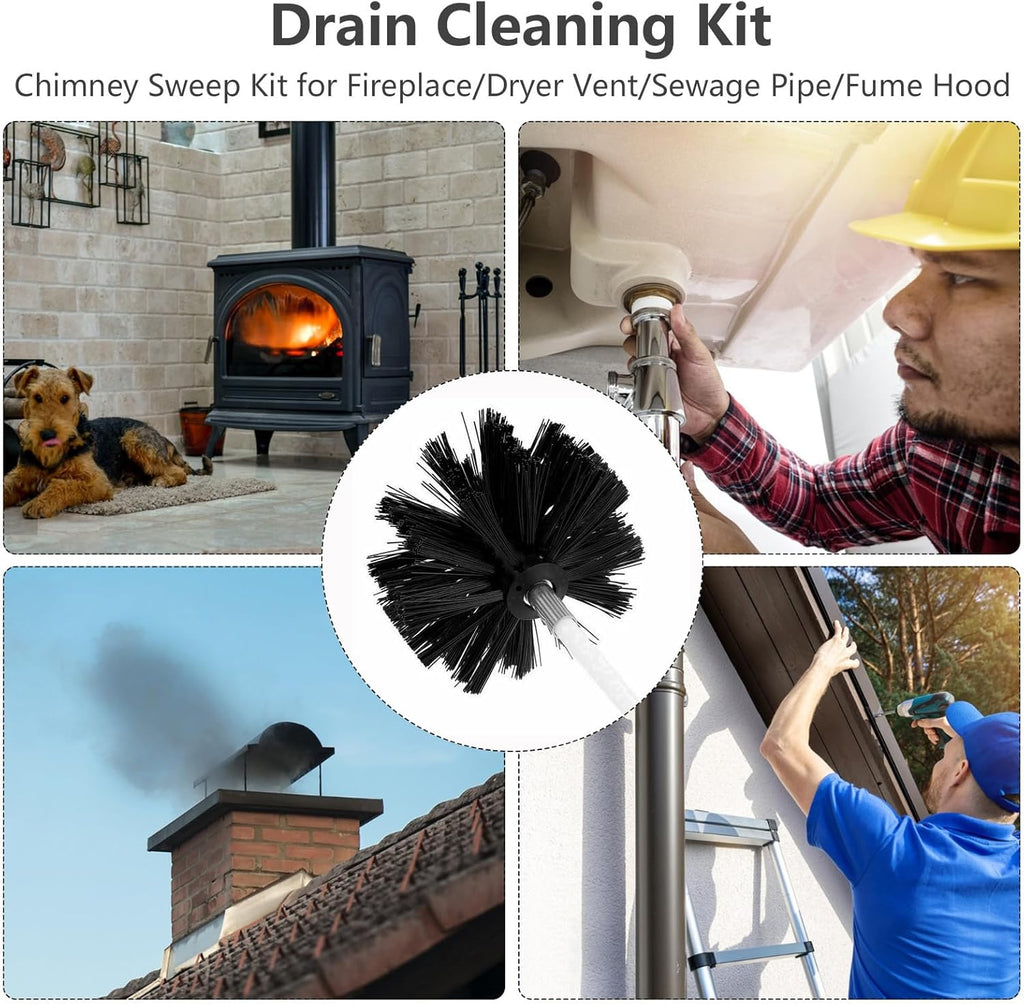 ZDHQLHJ Chimney Brush Cleaning Kit - 15-Piece Set with 12 Flexible Nylon Rods for Efficient Hearth & Ventilation Cleaning