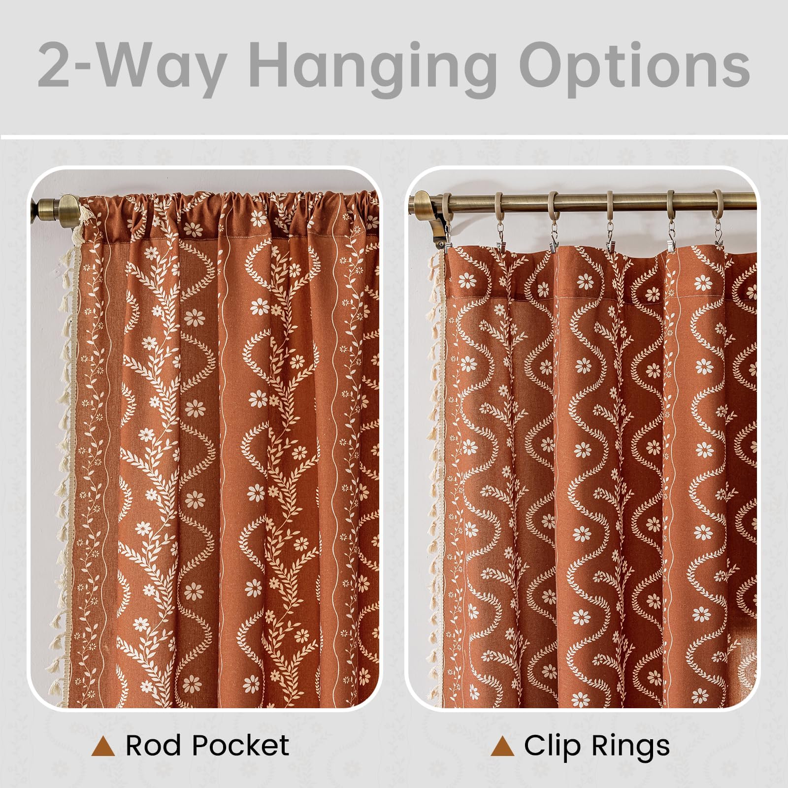 TIVNICO Burnt Orange Curtains for Living Room Patterned Farmhouse Curtains 2 Panels,Boho Linen Vintage Tassel Terracotta Floral Fall Window Curtain for Bedroom Dining Room Kitchen 84 Inch Long