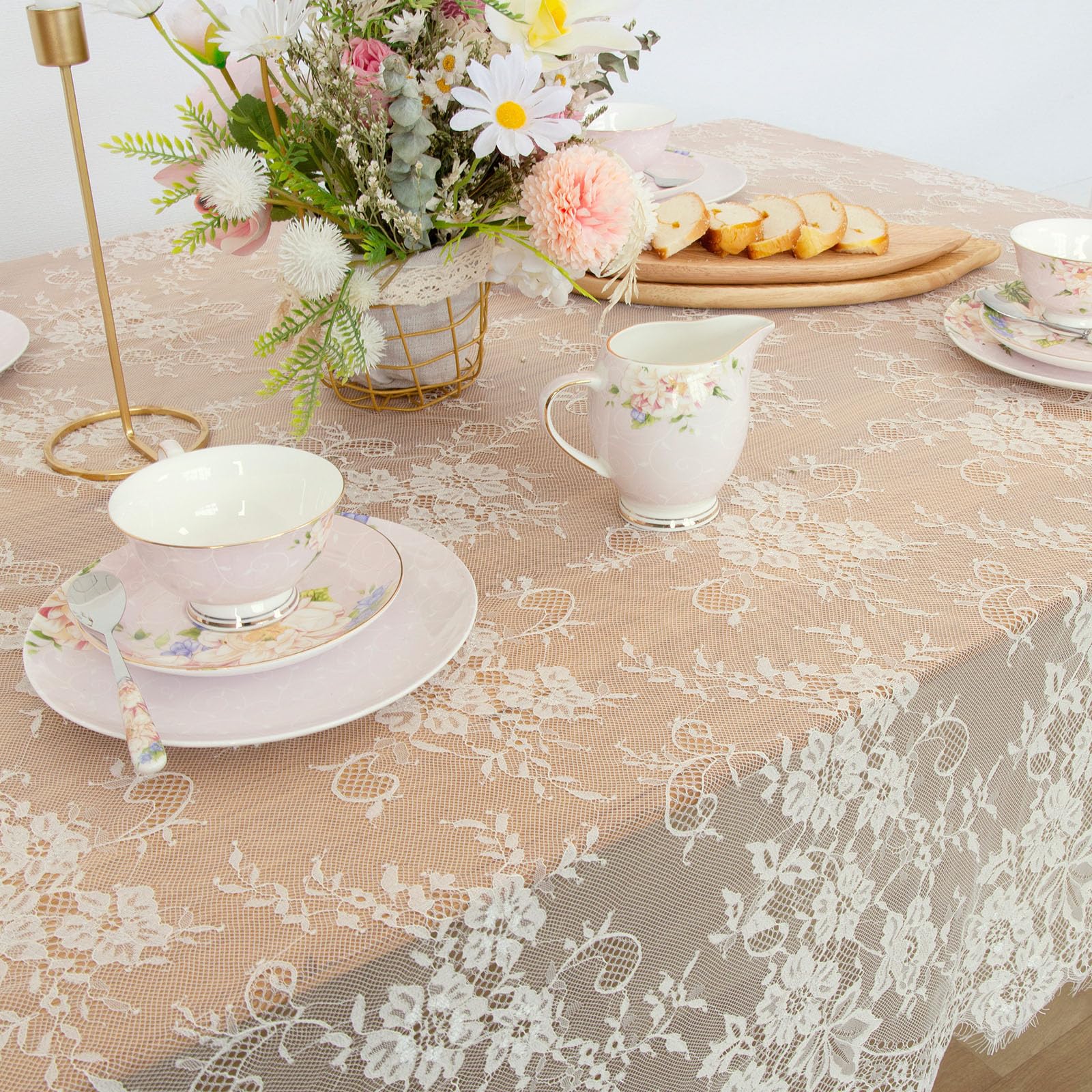 B-COOL Lace Tablecloth 5 Pack Ivory Wedding Table Cloth 60 x 120 Inch Rustic Table Overlay Sheer Tablecloths for Vintage Party Floral Bridal Shower Decorations