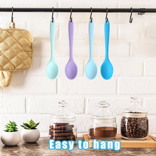 4 Pieces Small Silicone Spoons Multicolored Nonstick Kitchen Spoons Silicone Mixing Spoon for Cooking Heat Resistant Tea Spoon for Kitchen Cooking Baking Serving (Blue Light Blue Purple Cyan)