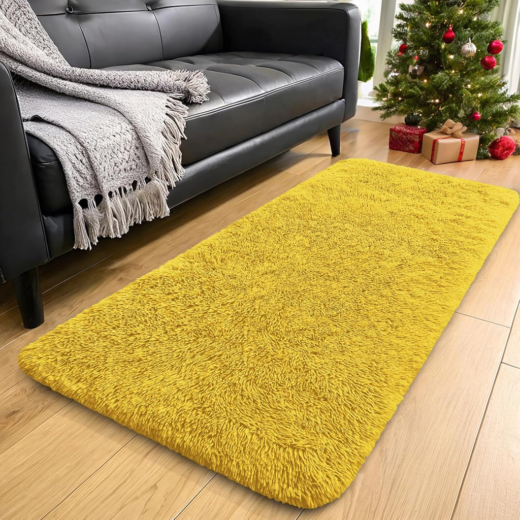 OLANLY 2x8 Machine Washable Runner Rug - Soft Fluffy Shaggy Design for Hallway & Bedroom | Yellow Indoor Carpet