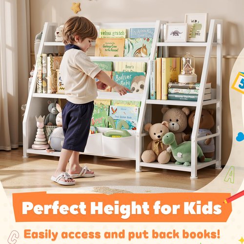 GoTiling Kids Bookshelf and Toy Storage Organizer, Triangle Frame with Extra Wide 3-Tier Sling Pockets, Freestanding Montessori Book Display Rack for Toddler Room, Nursery, and Playroom, White