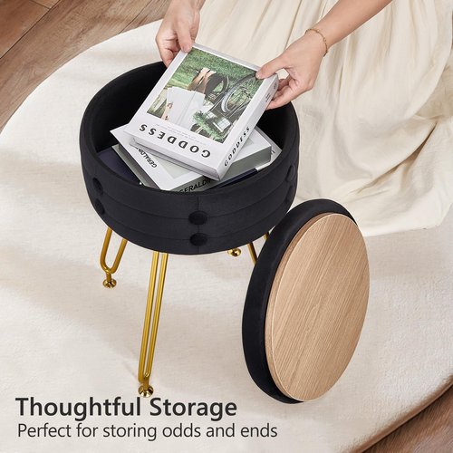 VECELO Round Vevlet Vanity Stool with Storage, 4 Metal Legs Vanity Seat with Anti-Slip Feet, Modern Vanity Chairs Footrest Furry Padded Seat, Space Saving, Easy to Clean for Makeup, Bedroom, Black
