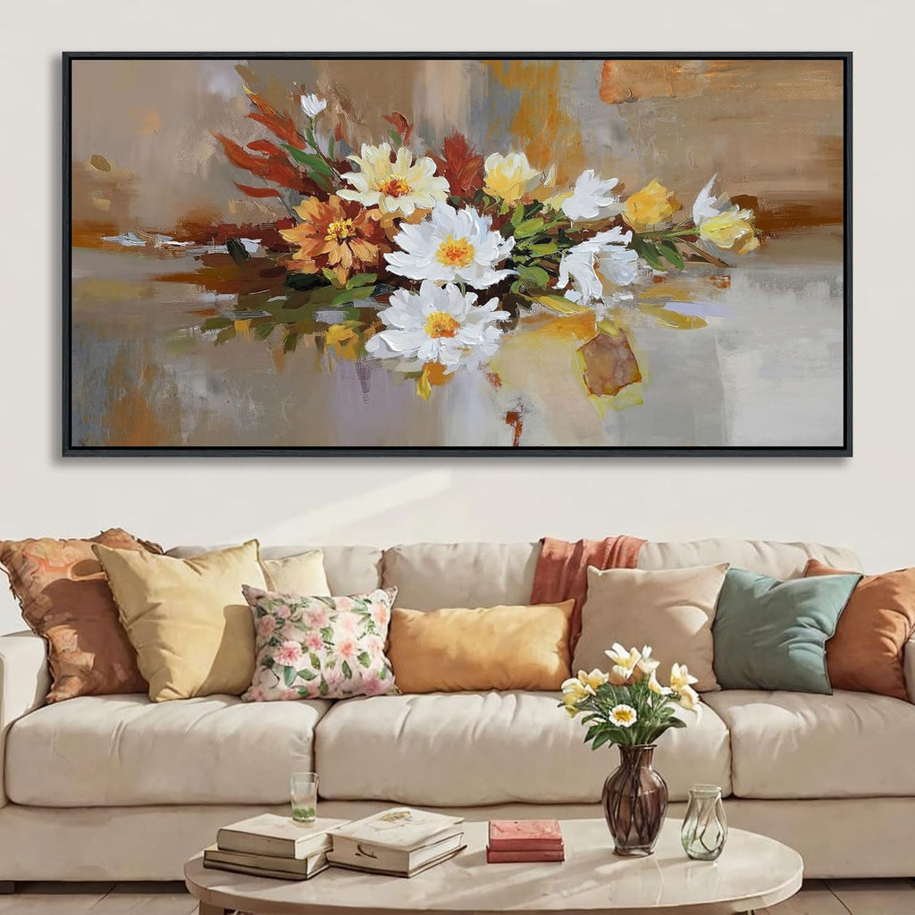 Yellow Floral Wall Art - Large Abstract Canvas for Bedroom & Living Room Decor | Framed Modern Artwork 29x58 IN