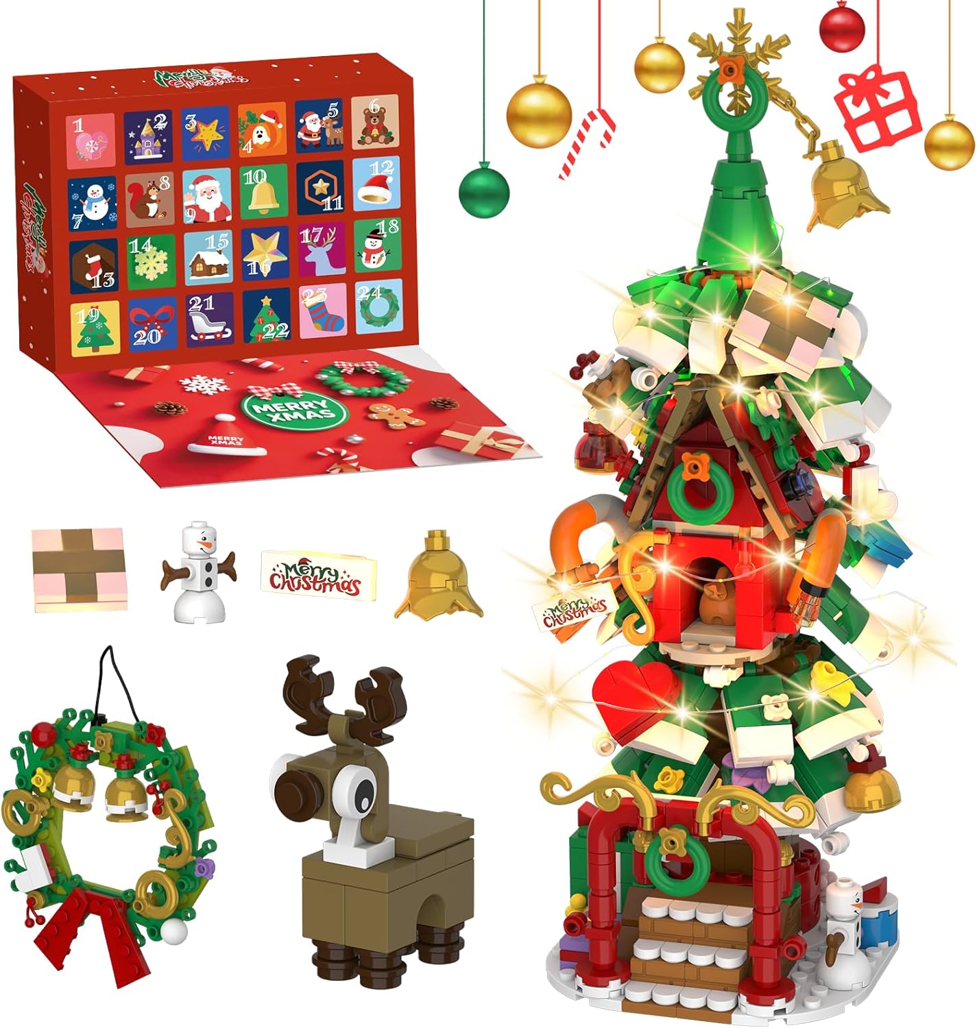 Advent Calendar 2025 - Christmas Tree House Building Set with LED Lights & Wreath | 24-Day Countdown Gift for Kids